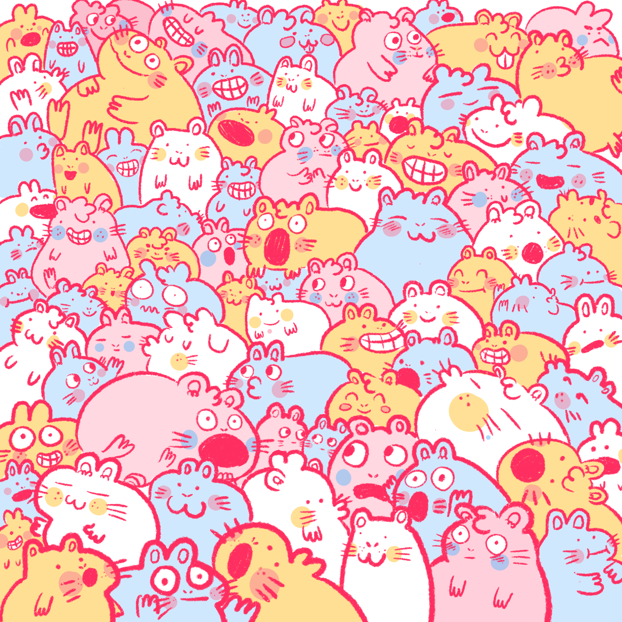 A multicolored drawing of cartoon guinea pigs covering the full canvas, each with a different expression