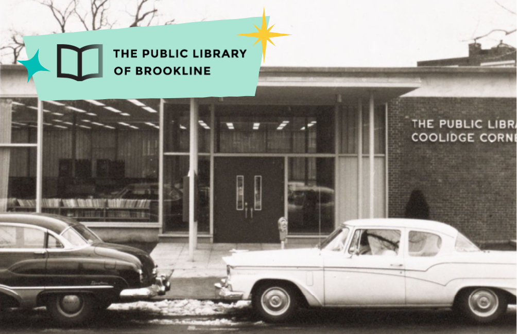 The Public Library of Brookline library card, a black and white photo of the Coolidge Corner Library with the library logo