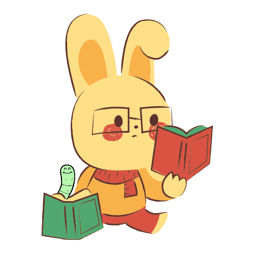 A rabbit wearing glasses holds up a book. A small smiling worm peeks out from behind a second book beside the rabbit.