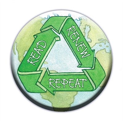 A globe with a green recycling symbol (arrows in the shape of a triangle) on top. The words "Read, Renew, Repeat" are printed on top of the arrows